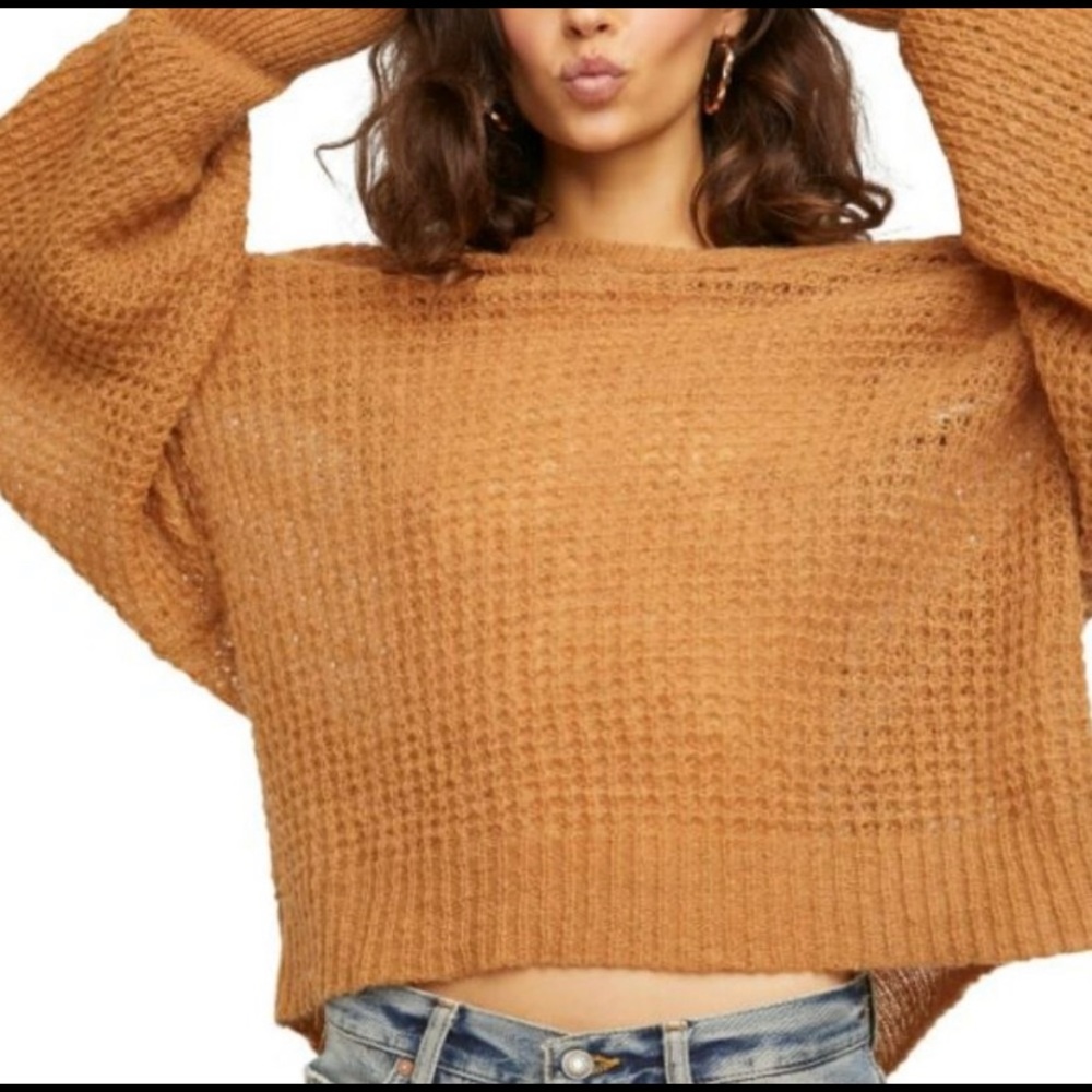 Free People Lulu Oversize V-Neck Sweater in Birchwood Brown Blouson Long Sleeves